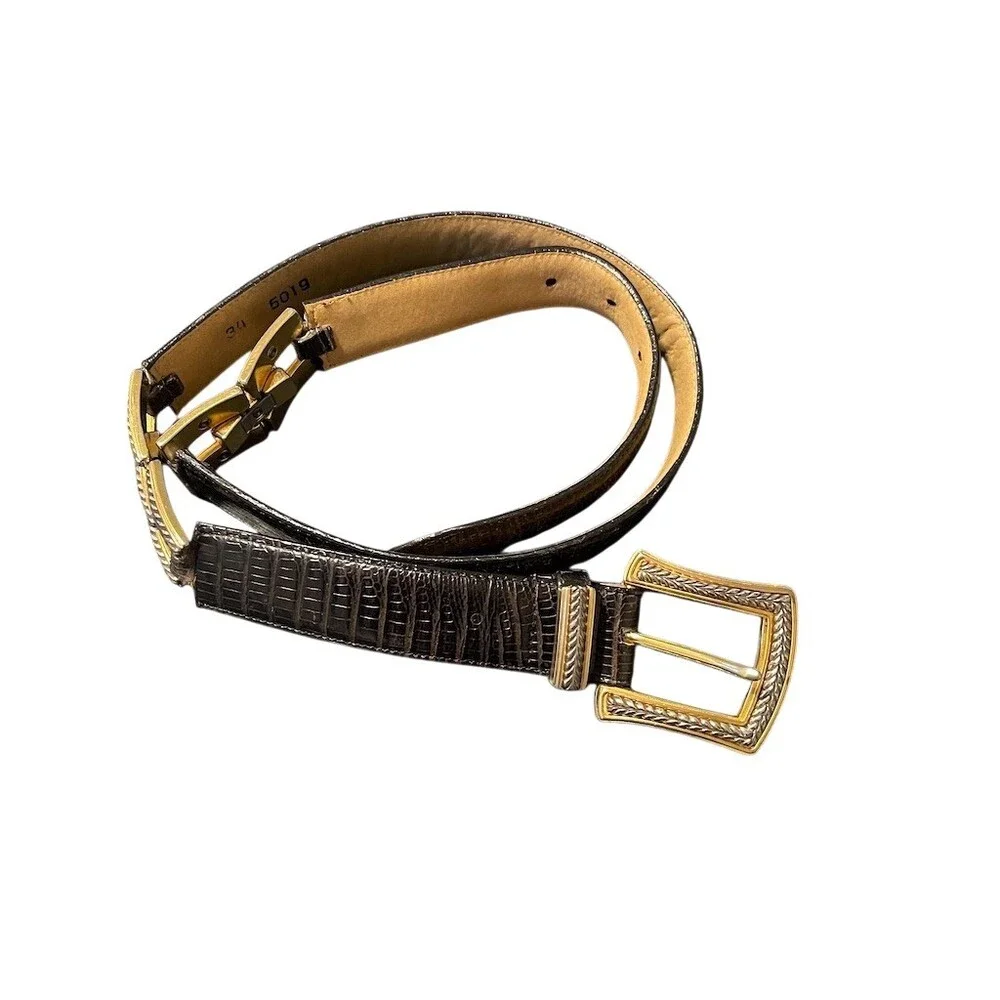 Brighton Belt Womens Brown Croc Embossed Gold Tone Buckle Size L 34-35 in